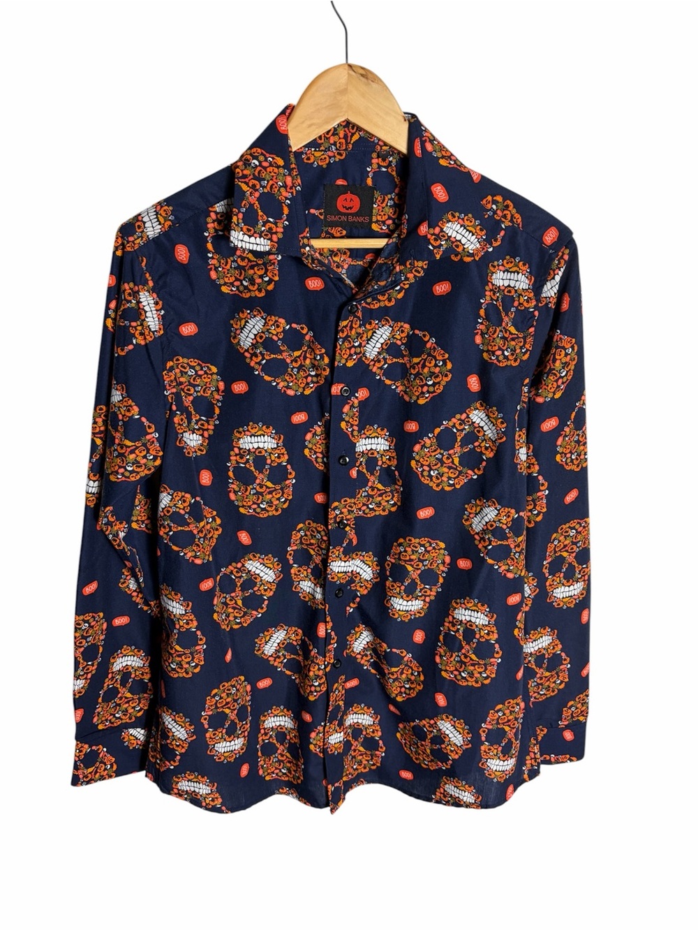 Simon Banks blue & orange button down pumpkin skull Halloween shirt size M